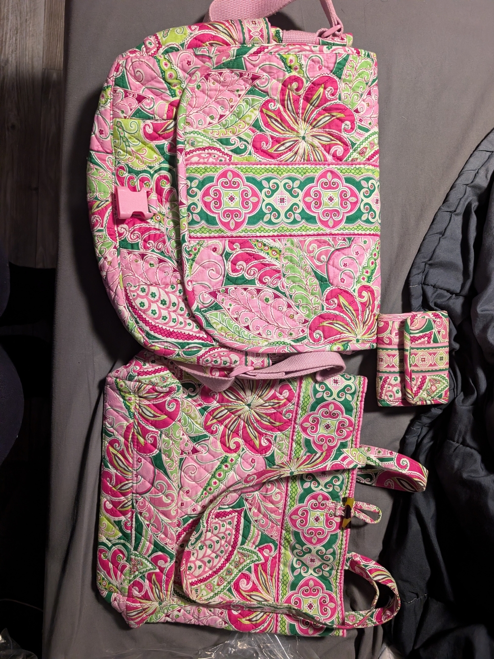 Vera Bradley Pink and Green Quilted Wallet, Tote & Crossbody Set